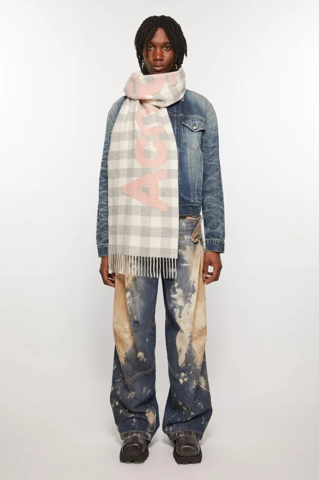 Acne Studios Check Logo Scarf Greypink Men Scarves