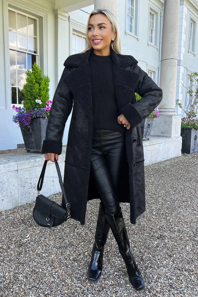 AX Paris Coats 038 Jackets Black Longline Faux Shearling Coat