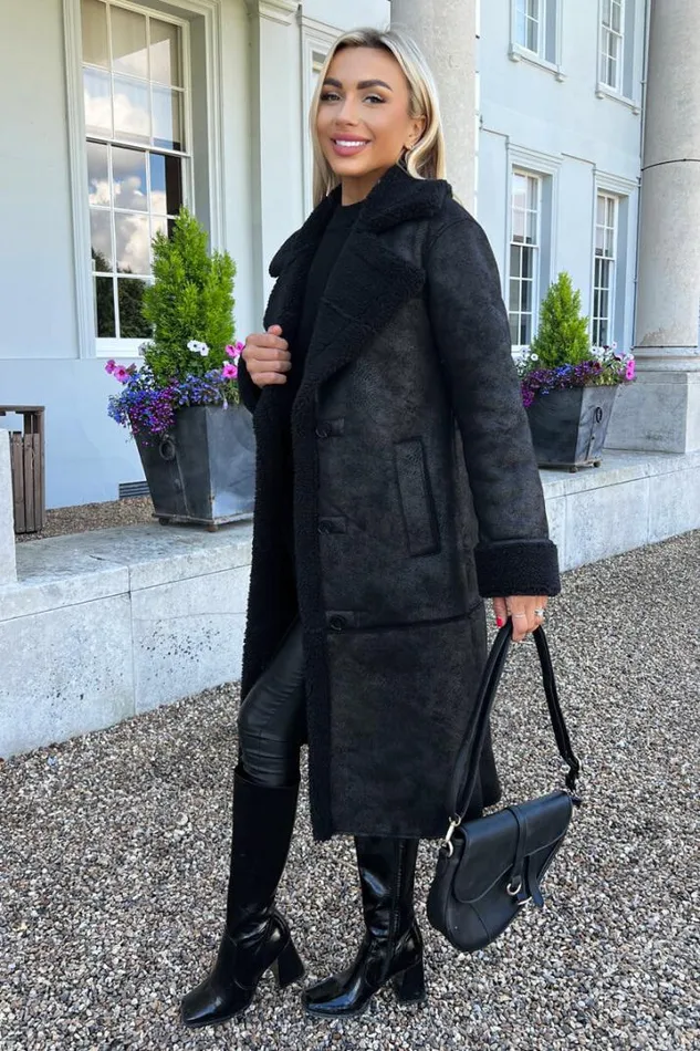 AX Paris Coats 038 Jackets Black Longline Faux Shearling Coat