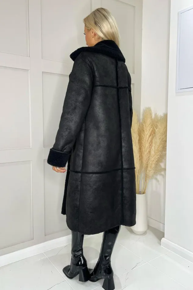 AX Paris Coats 038 Jackets Black Longline Faux Shearling Coat