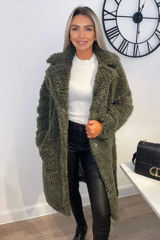 AX Paris Coats 038 Jackets Khaki Long Line Teddy Faux Fur Coat