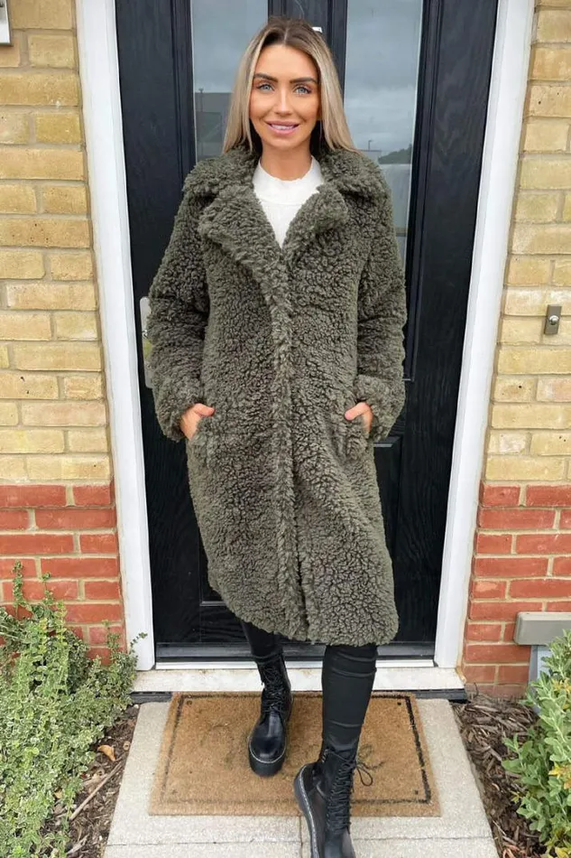 AX Paris Coats 038 Jackets Khaki Long Line Teddy Faux Fur Coat