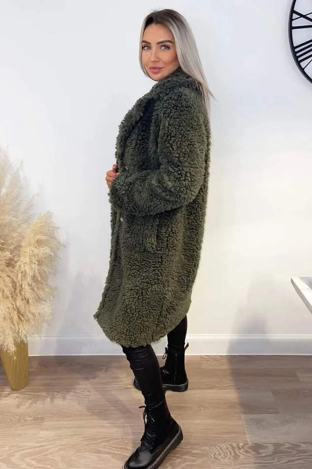 AX Paris Coats 038 Jackets Khaki Long Line Teddy Faux Fur Coat