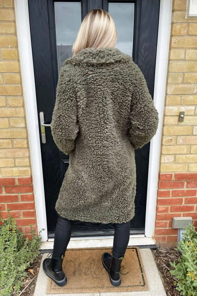 AX Paris Coats 038 Jackets Khaki Long Line Teddy Faux Fur Coat
