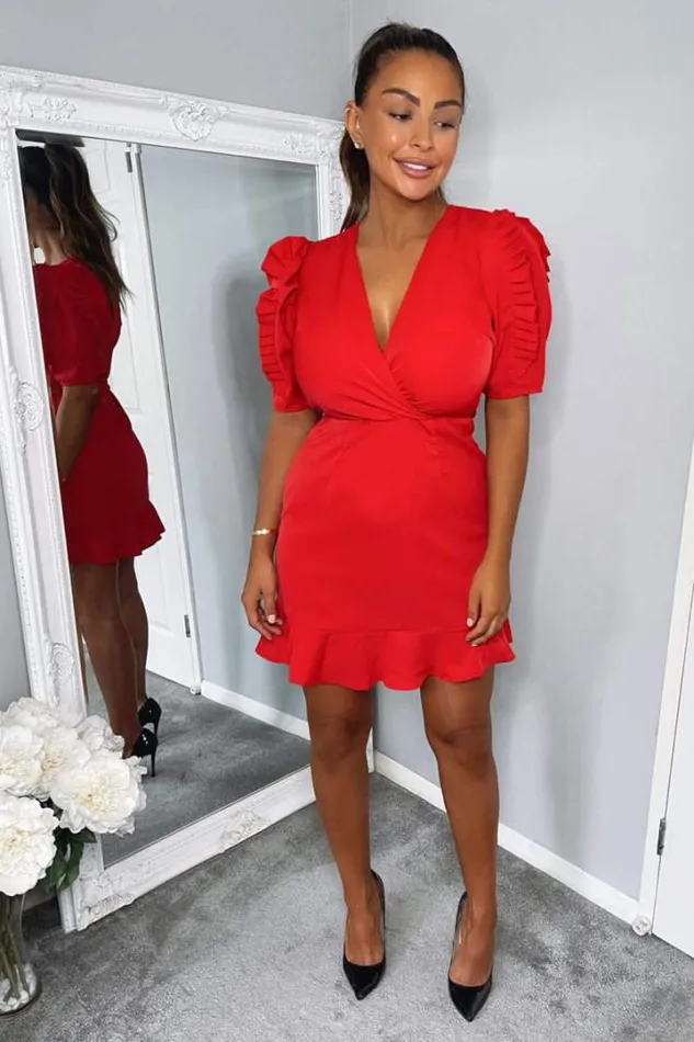 AX Paris Cocktail Dresses Red Pleated Sleeve Wrap Dress