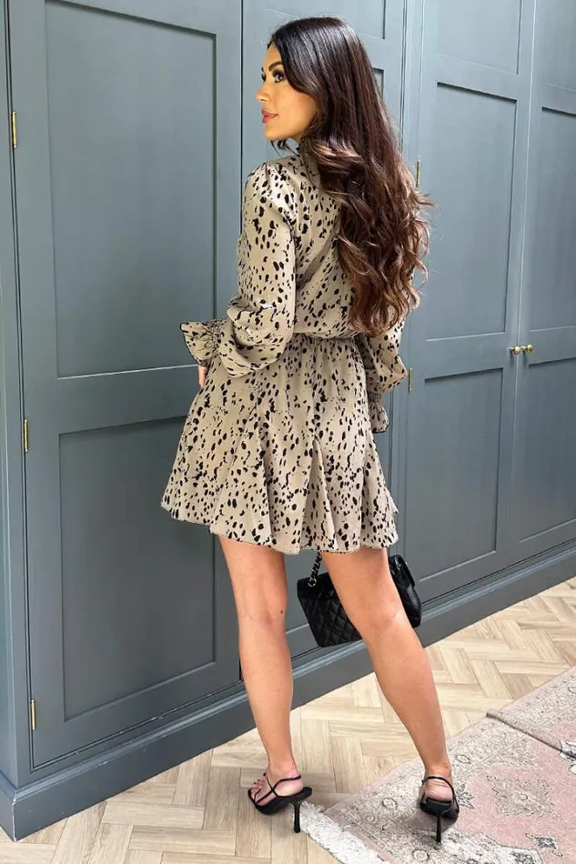 AX Paris Dresses Beige Animal Print Long Sleeve Shirred Detail Skater Dress