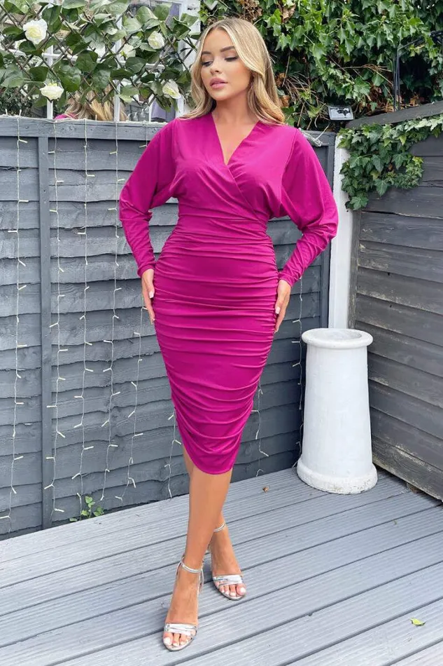 AX Paris Dresses Berry Ruched Wrap Top Midi Dress