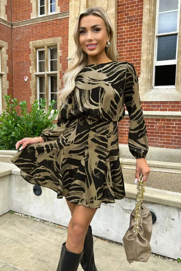 AX Paris Dresses Black And Khaki Printed Long Sleeve Skater Dress