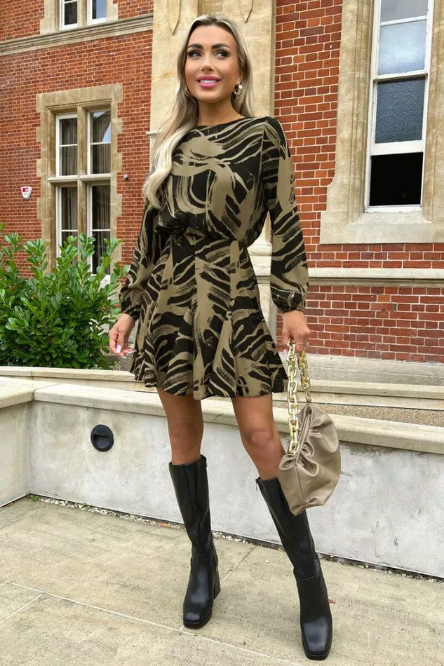 AX Paris Dresses Black And Khaki Printed Long Sleeve Skater Dress