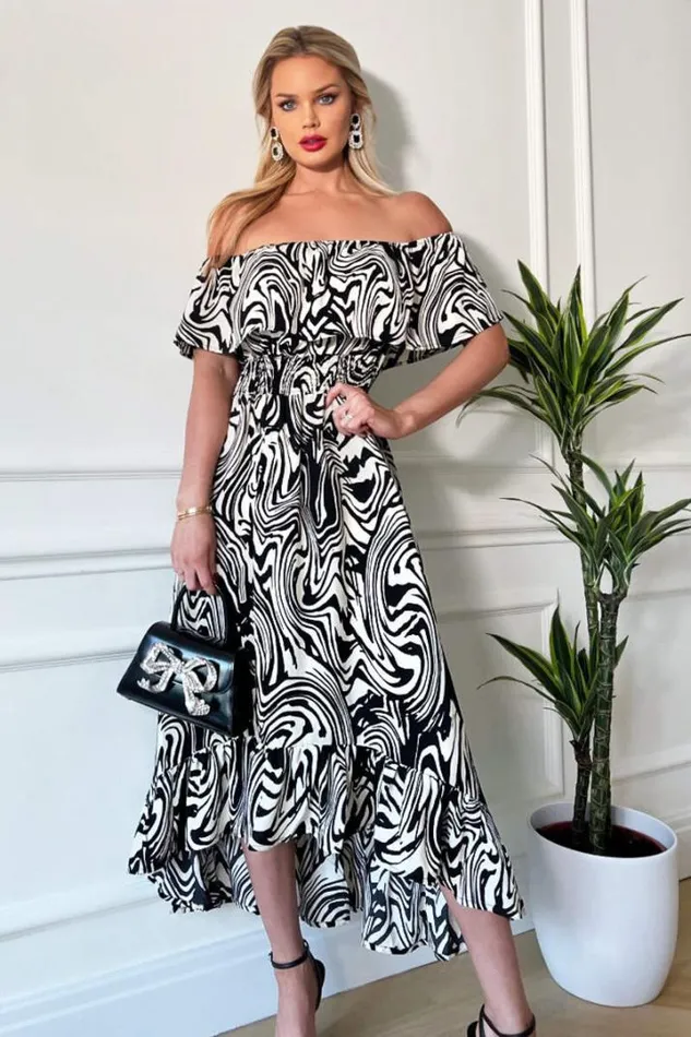 AX Paris Dresses Black And White Printed Bardot Style Midi Dress