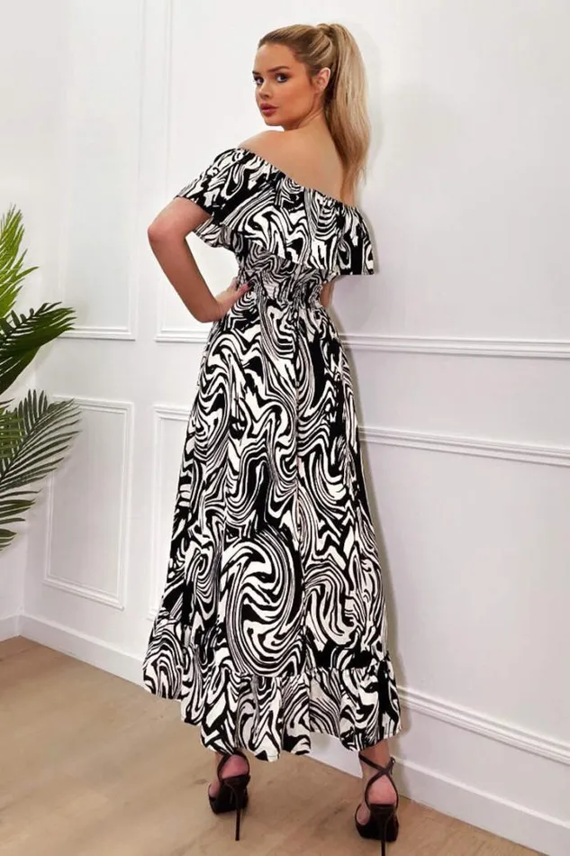 AX Paris Dresses Black And White Printed Bardot Style Midi Dress