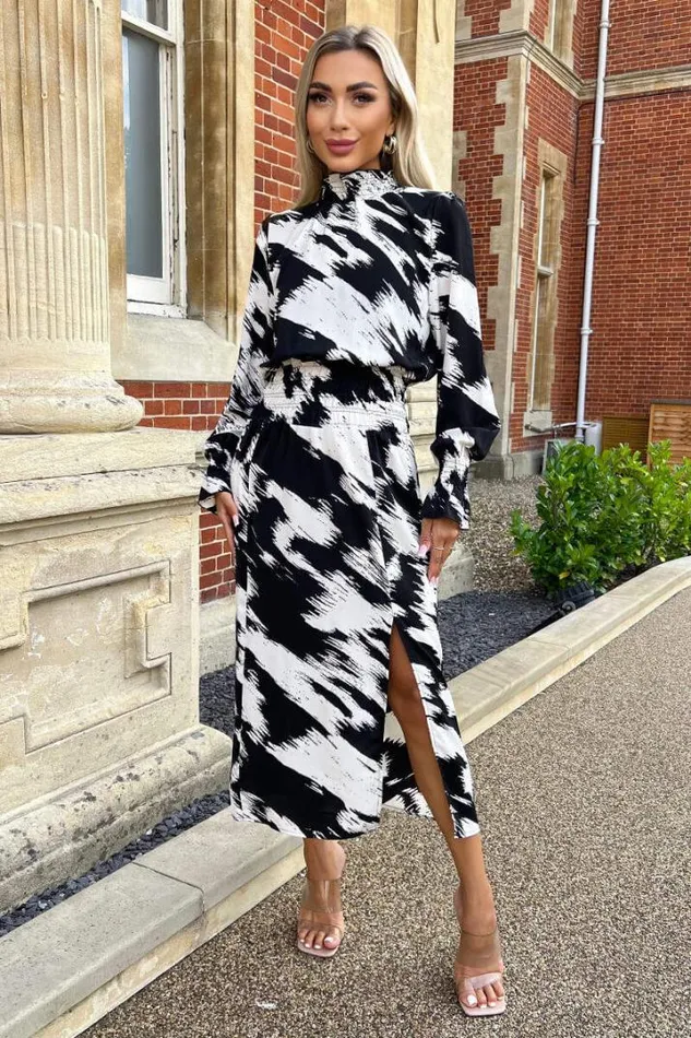 AX Paris Dresses Black And White Printed Shirred Detail Midi Dress