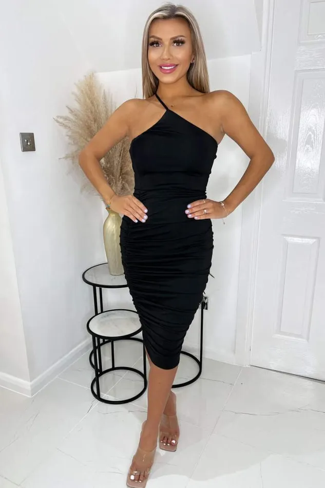 AX Paris Dresses Black One Strap Ruched Bodycon Dress
