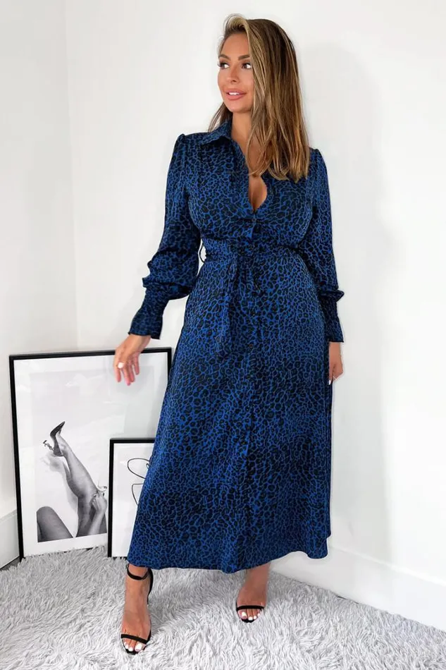 AX Paris Dresses Blue Animal Print Long Sleeve Belted Shirt Dress