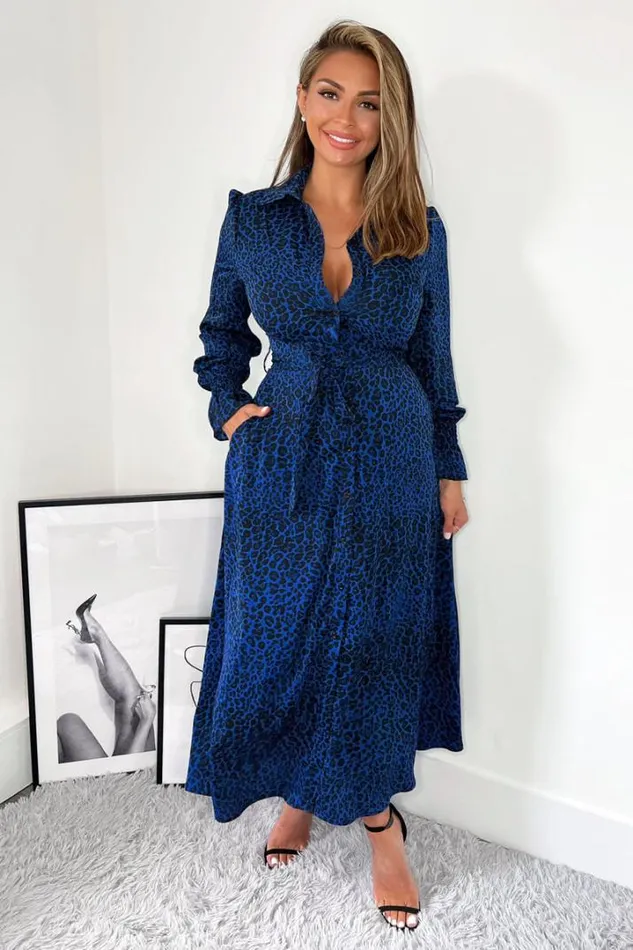 AX Paris Dresses Blue Animal Print Long Sleeve Belted Shirt Dress