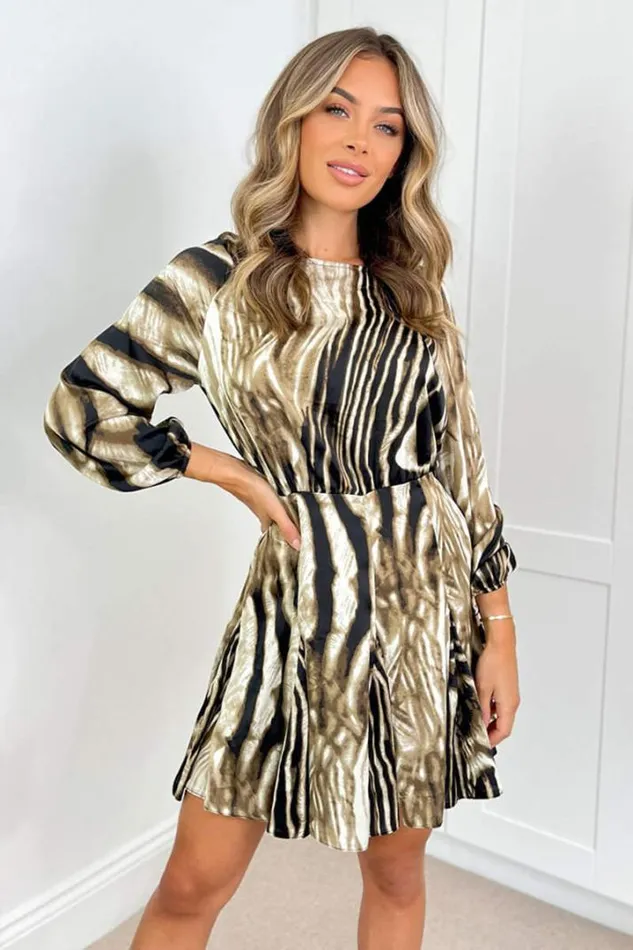 AX Paris Dresses Brown Printed Long Sleeve Mini Skater Dress