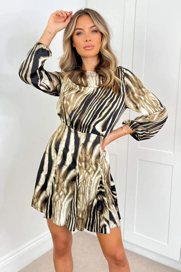 AX Paris Dresses Brown Printed Long Sleeve Mini Skater Dress