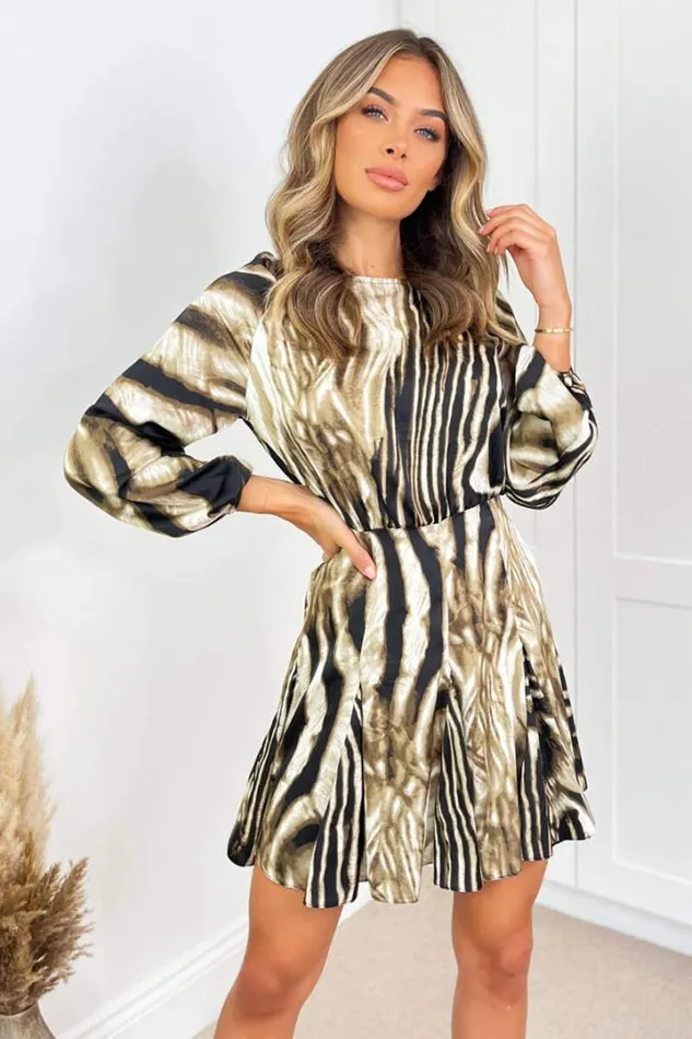 AX Paris Dresses Brown Printed Long Sleeve Mini Skater Dress
