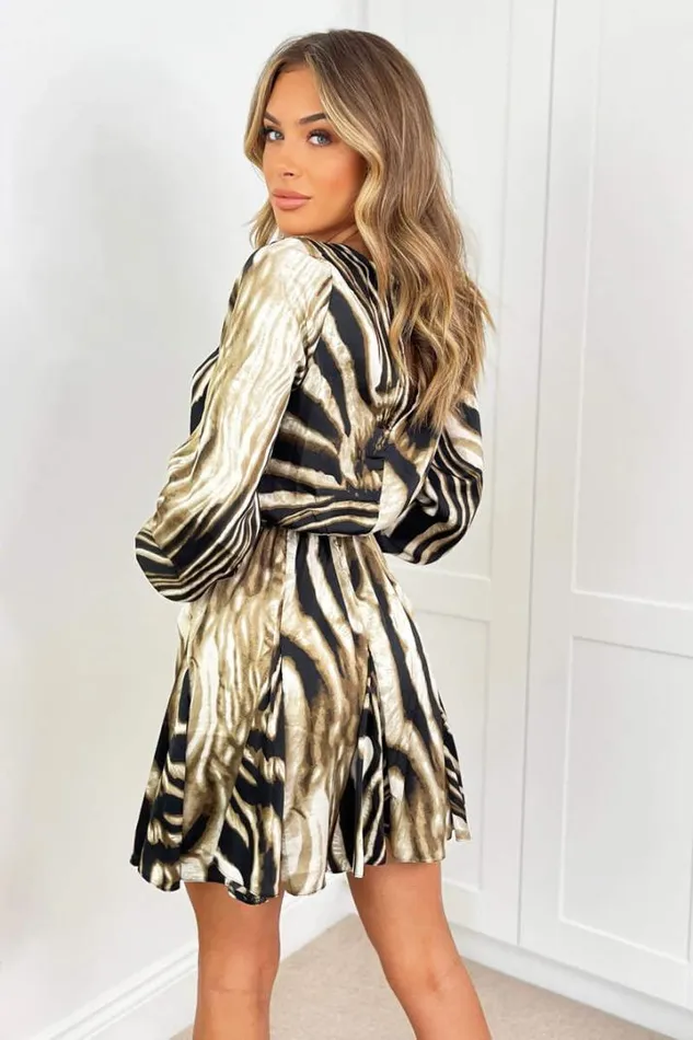 AX Paris Dresses Brown Printed Long Sleeve Mini Skater Dress