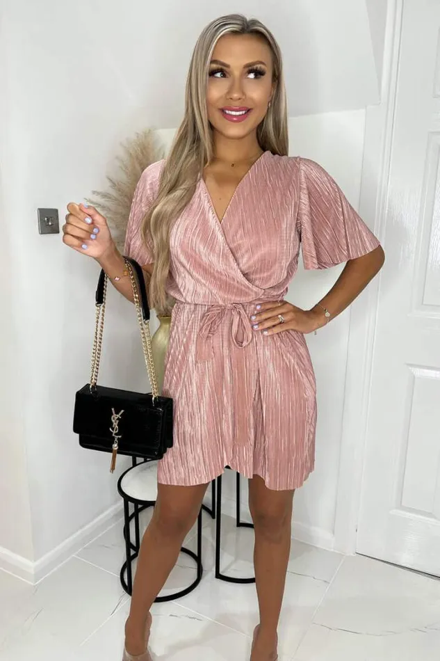 AX Paris Dresses Champagne Wrap Top Belted Short Sleeve Plisse Mini Dress