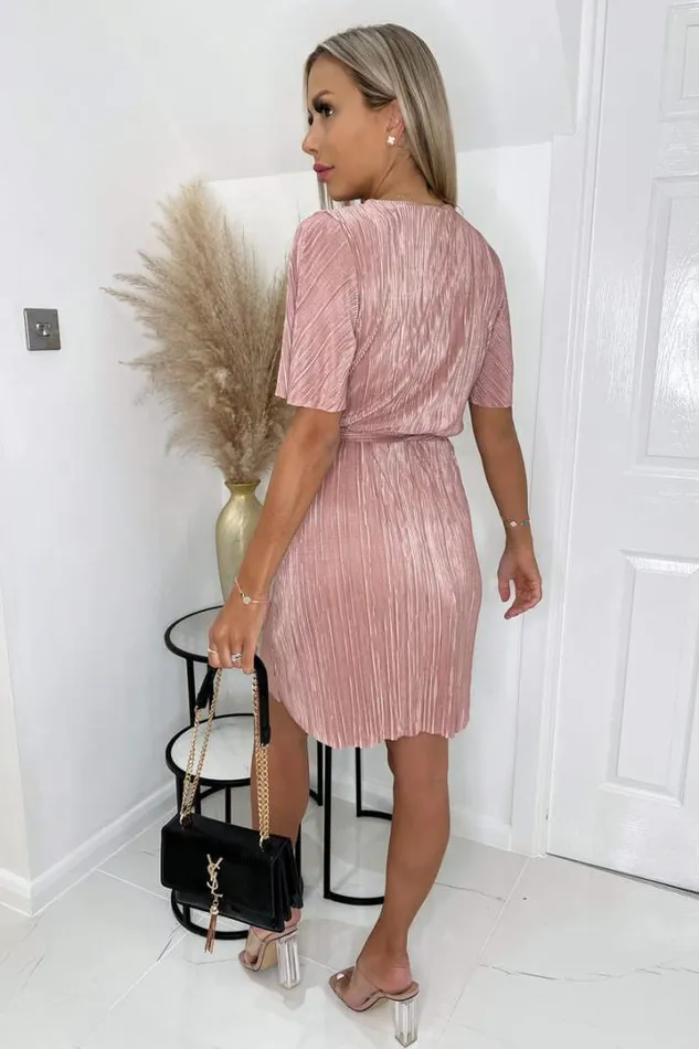 AX Paris Dresses Champagne Wrap Top Belted Short Sleeve Plisse Mini Dress