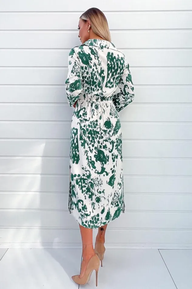 AX Paris Dresses Cream And Green Printed Button Up Top Midi Dress