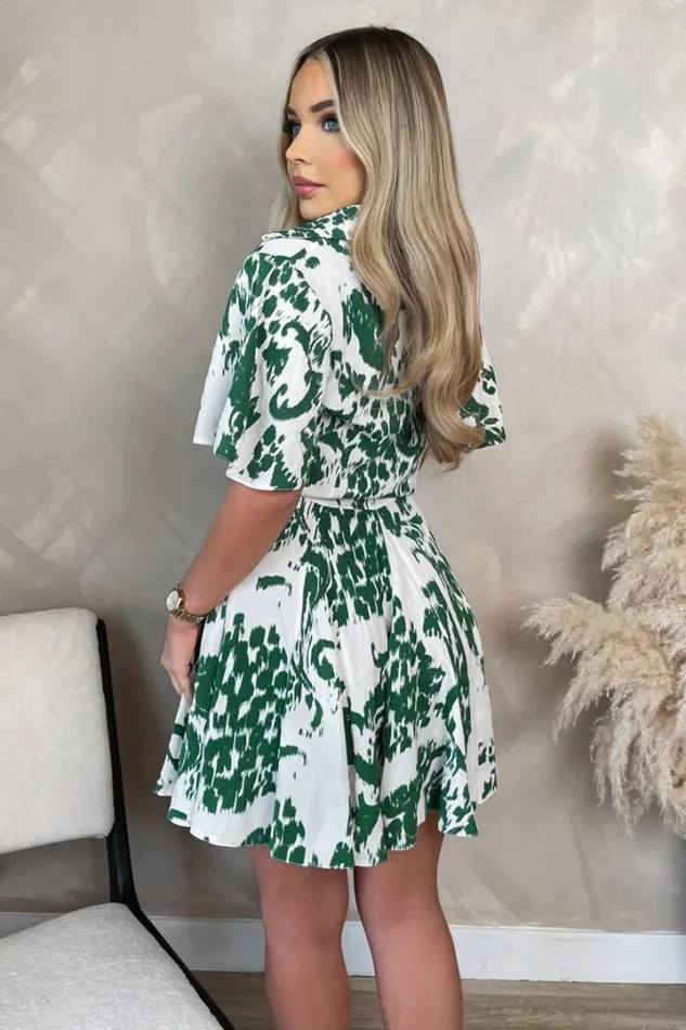 AX Paris Dresses Cream And Green Printed Tie Waist Short Sleeve Button Up Mini Skater Dress