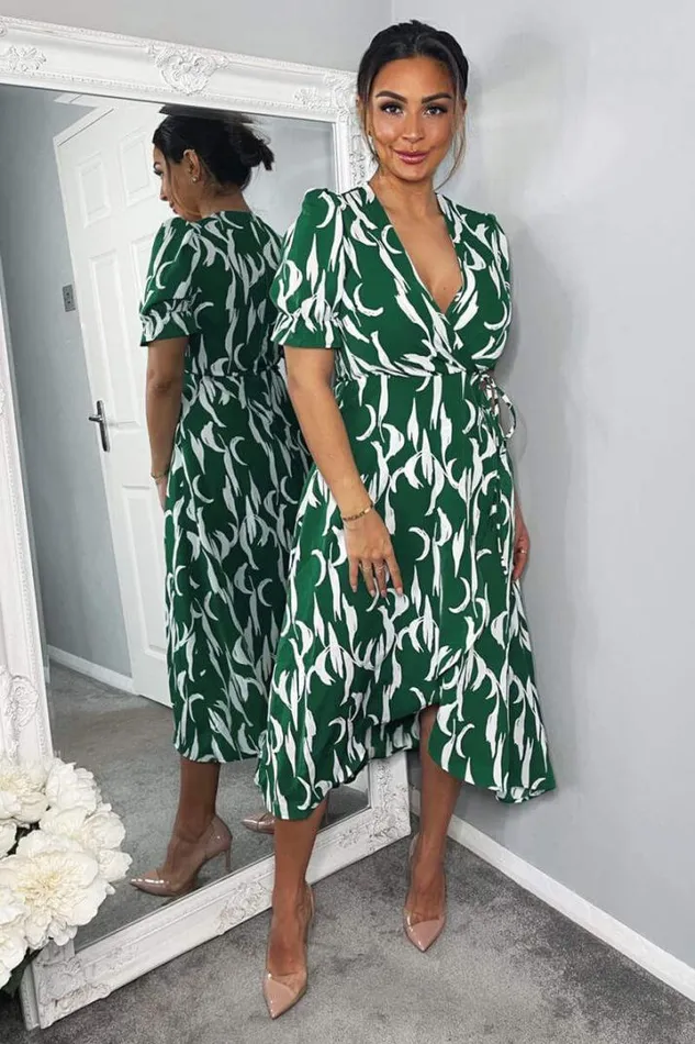 AX Paris Dresses Green And White Printed Wrap Side Tie Midi Dress