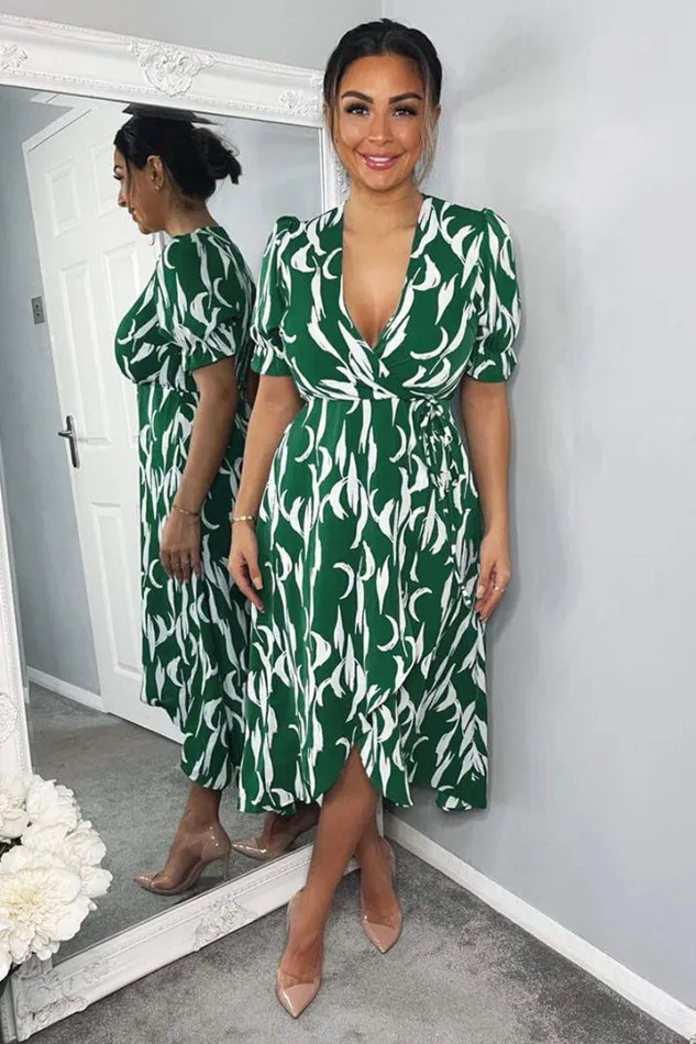 AX Paris Dresses Green And White Printed Wrap Side Tie Midi Dress