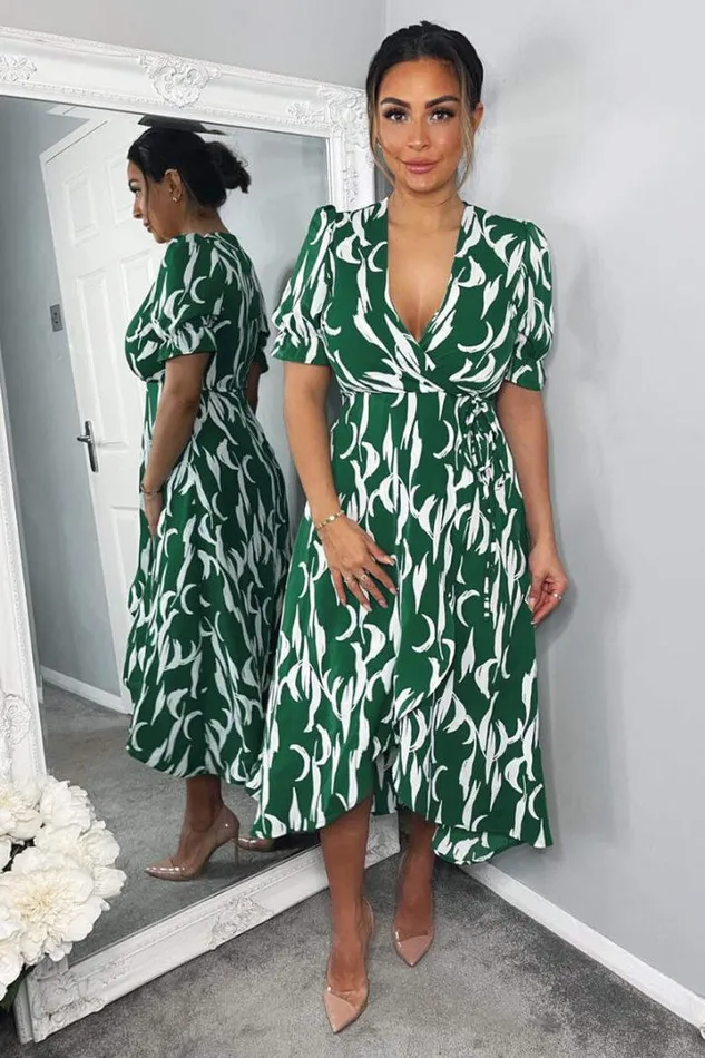 AX Paris Dresses Green And White Printed Wrap Side Tie Midi Dress