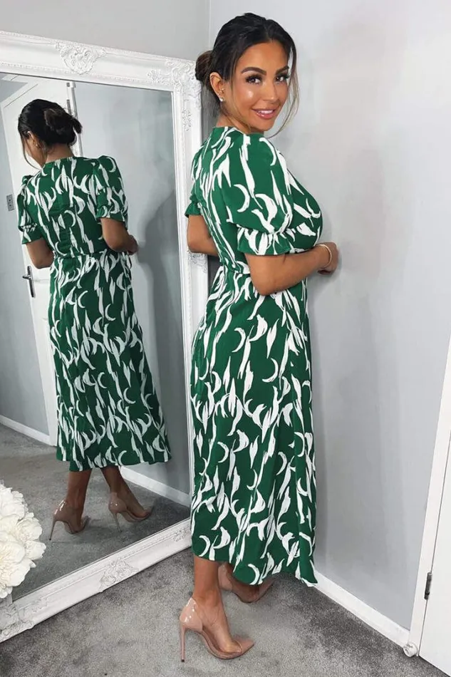 AX Paris Dresses Green And White Printed Wrap Side Tie Midi Dress
