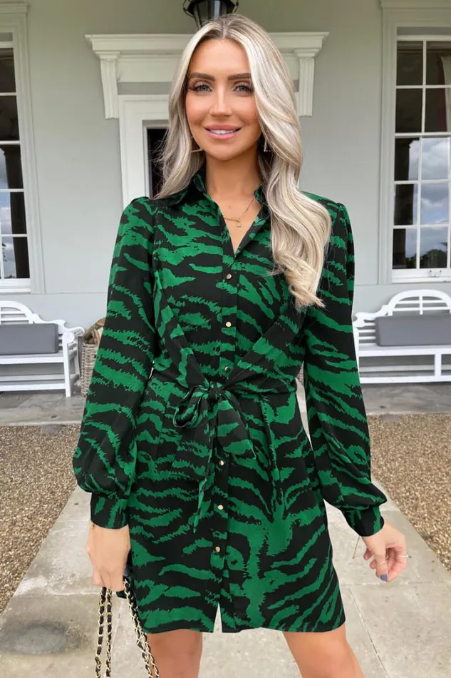 AX Paris Dresses Green Animal Print Button Front Shirt Dress