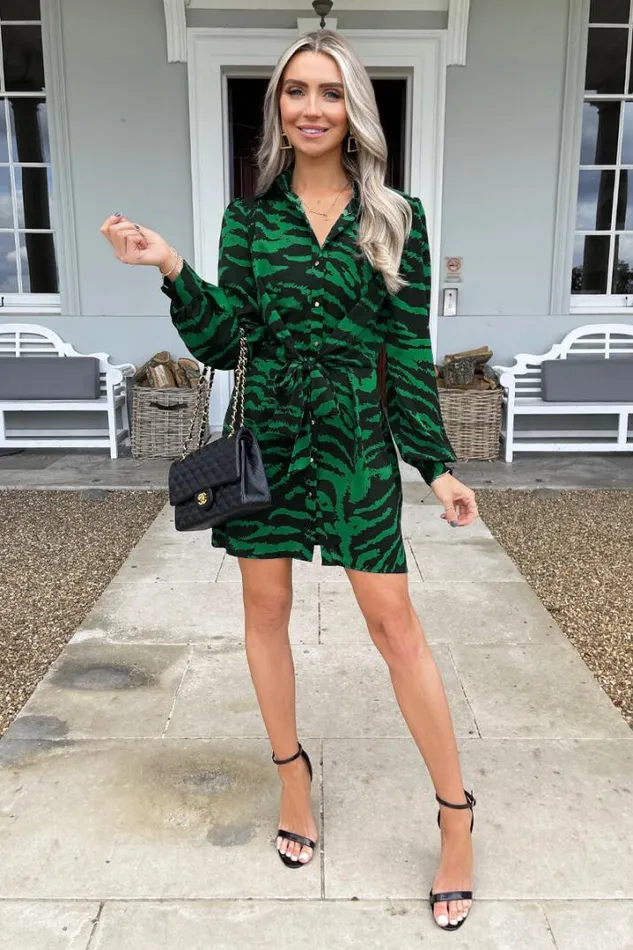 AX Paris Dresses Green Animal Print Button Front Shirt Dress