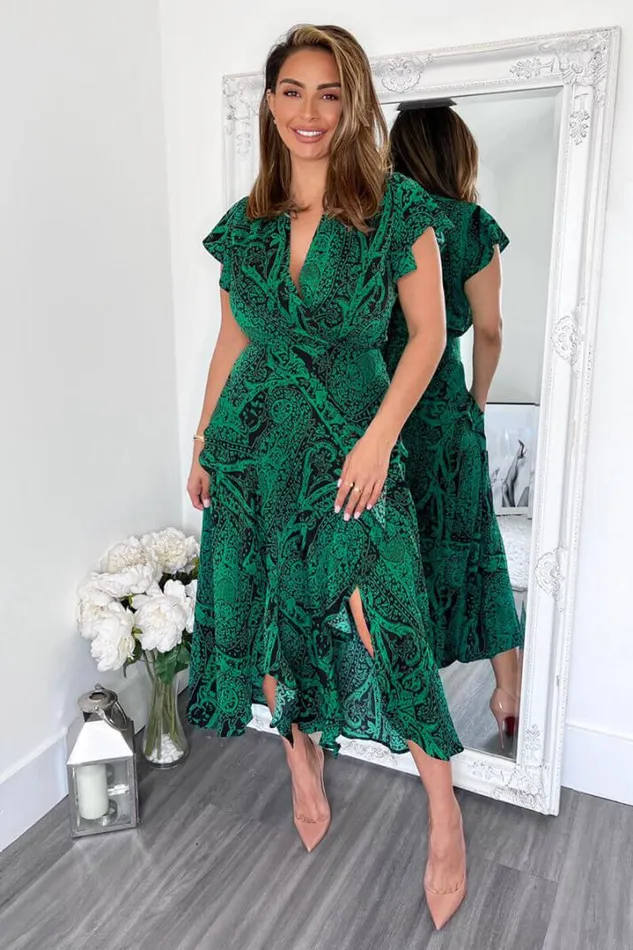 AX Paris Dresses Green Printed Double Frill Split Midi Dress