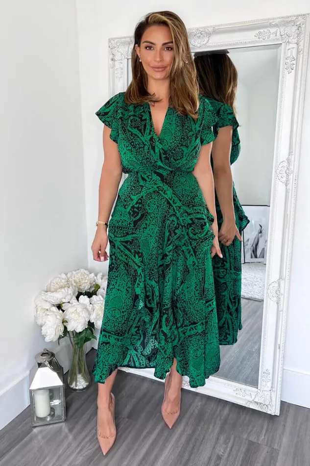 AX Paris Dresses Green Printed Double Frill Split Midi Dress