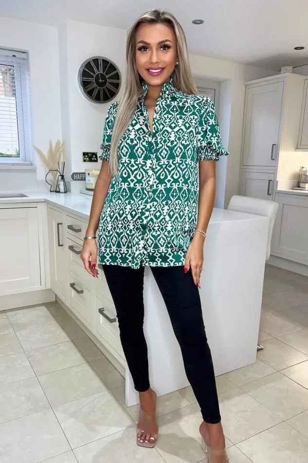 AX Paris Dresses Green Printed Short Sleeve Button Up Shirt
