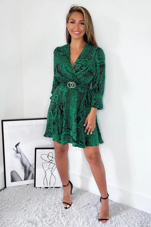 AX Paris Dresses Green Printed Wrap Over Belted Long Sleeve Skater Dress