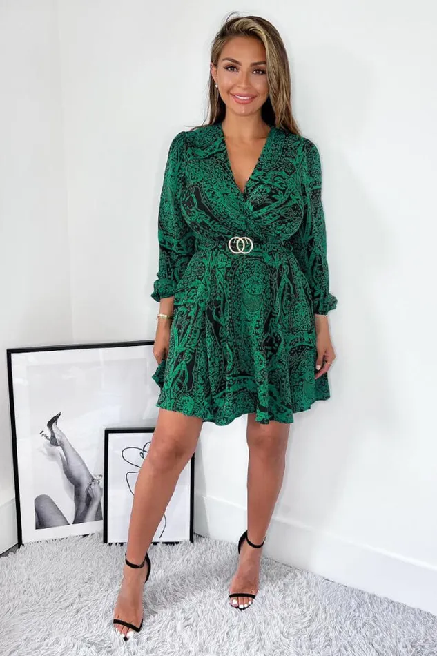 AX Paris Dresses Green Printed Wrap Over Belted Long Sleeve Skater Dress