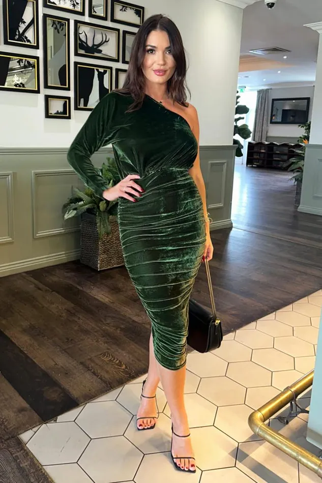 AX Paris Dresses Green Velvet One Sleeve Ruched Midi Dress