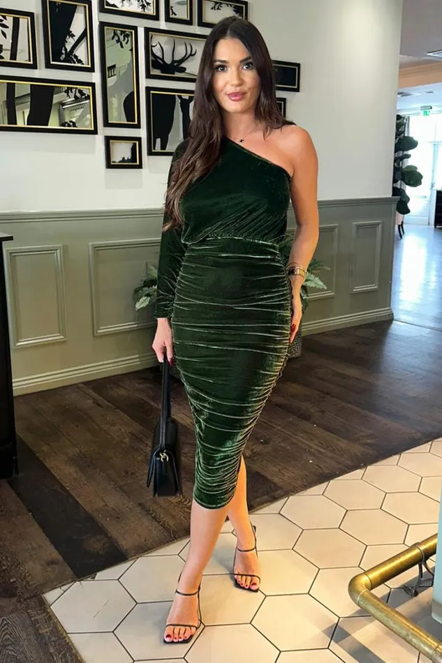 AX Paris Dresses Green Velvet One Sleeve Ruched Midi Dress