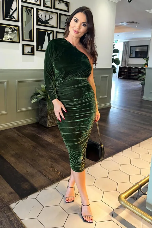 AX Paris Dresses Green Velvet One Sleeve Ruched Midi Dress