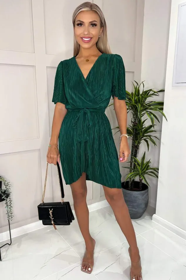 AX Paris Dresses Green Wrap Top Belted Short Sleeve Plisse Mini Dress