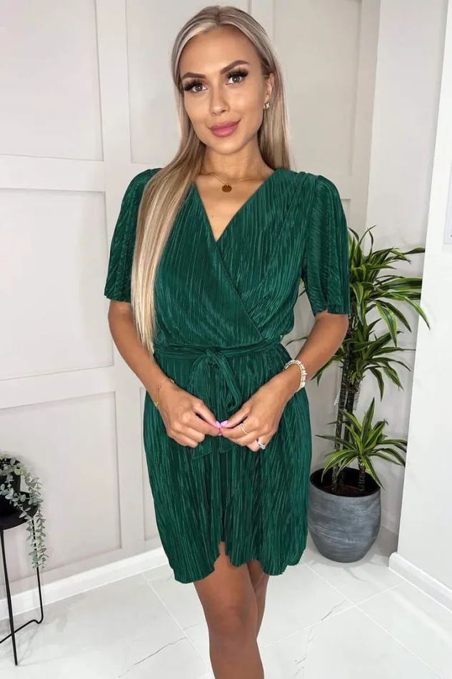 AX Paris Dresses Green Wrap Top Belted Short Sleeve Plisse Mini Dress