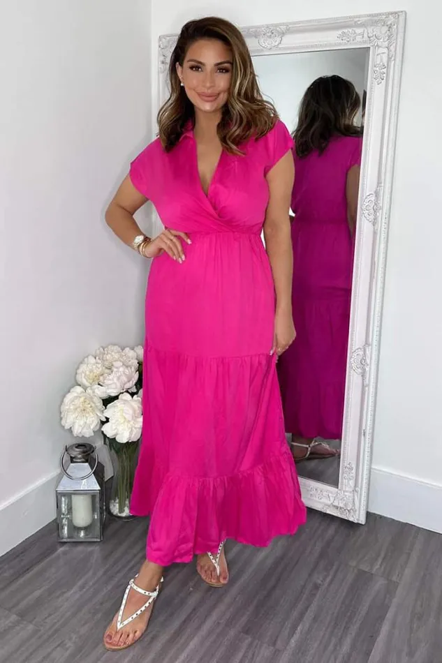 AX Paris Dresses Hot Pink Short Sleeved VNeck Midi Smock Dress