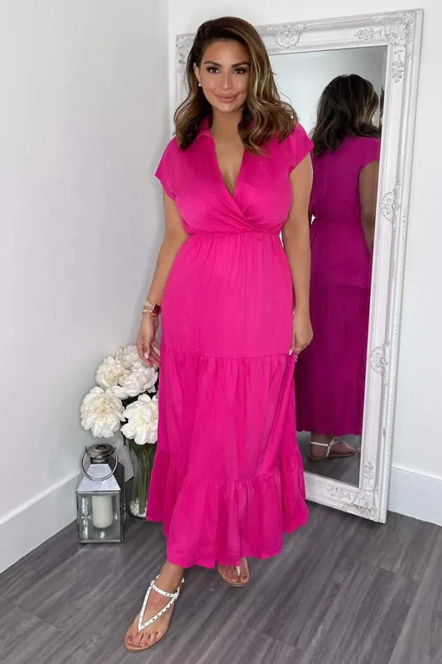AX Paris Dresses Hot Pink Short Sleeved VNeck Midi Smock Dress