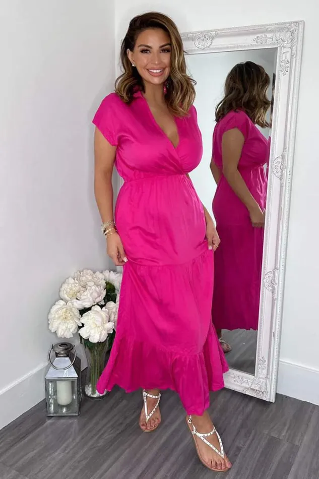 AX Paris Dresses Hot Pink Short Sleeved VNeck Midi Smock Dress