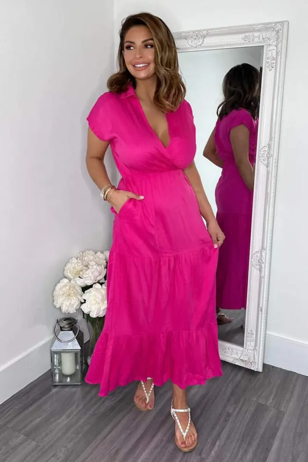 AX Paris Dresses Hot Pink Short Sleeved VNeck Midi Smock Dress