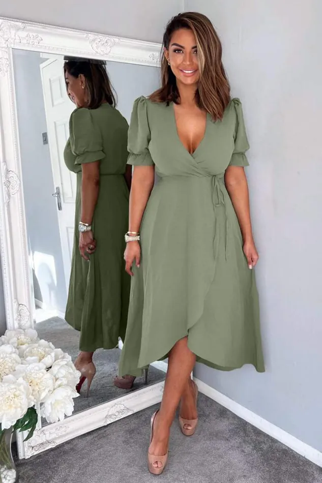 AX Paris Dresses Khaki Wrap Side Tie Midi Dress
