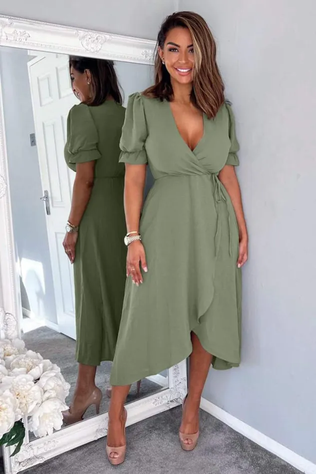 AX Paris Dresses Khaki Wrap Side Tie Midi Dress