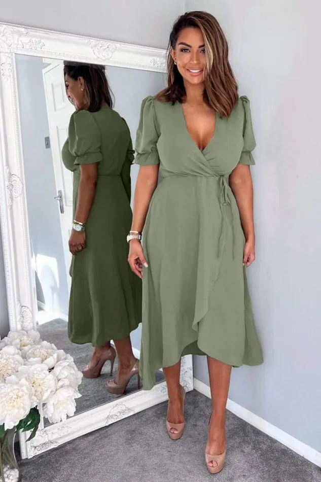 AX Paris Dresses Khaki Wrap Side Tie Midi Dress